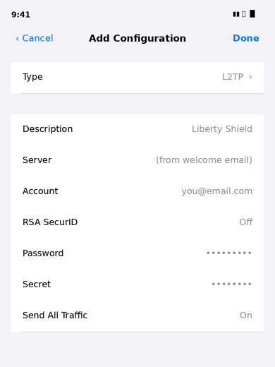 iOS Add VPN Configuration screen